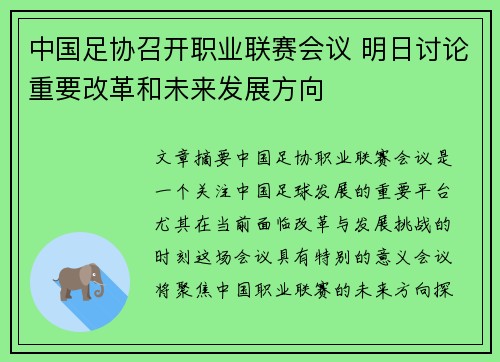 中国足协召开职业联赛会议 明日讨论重要改革和未来发展方向